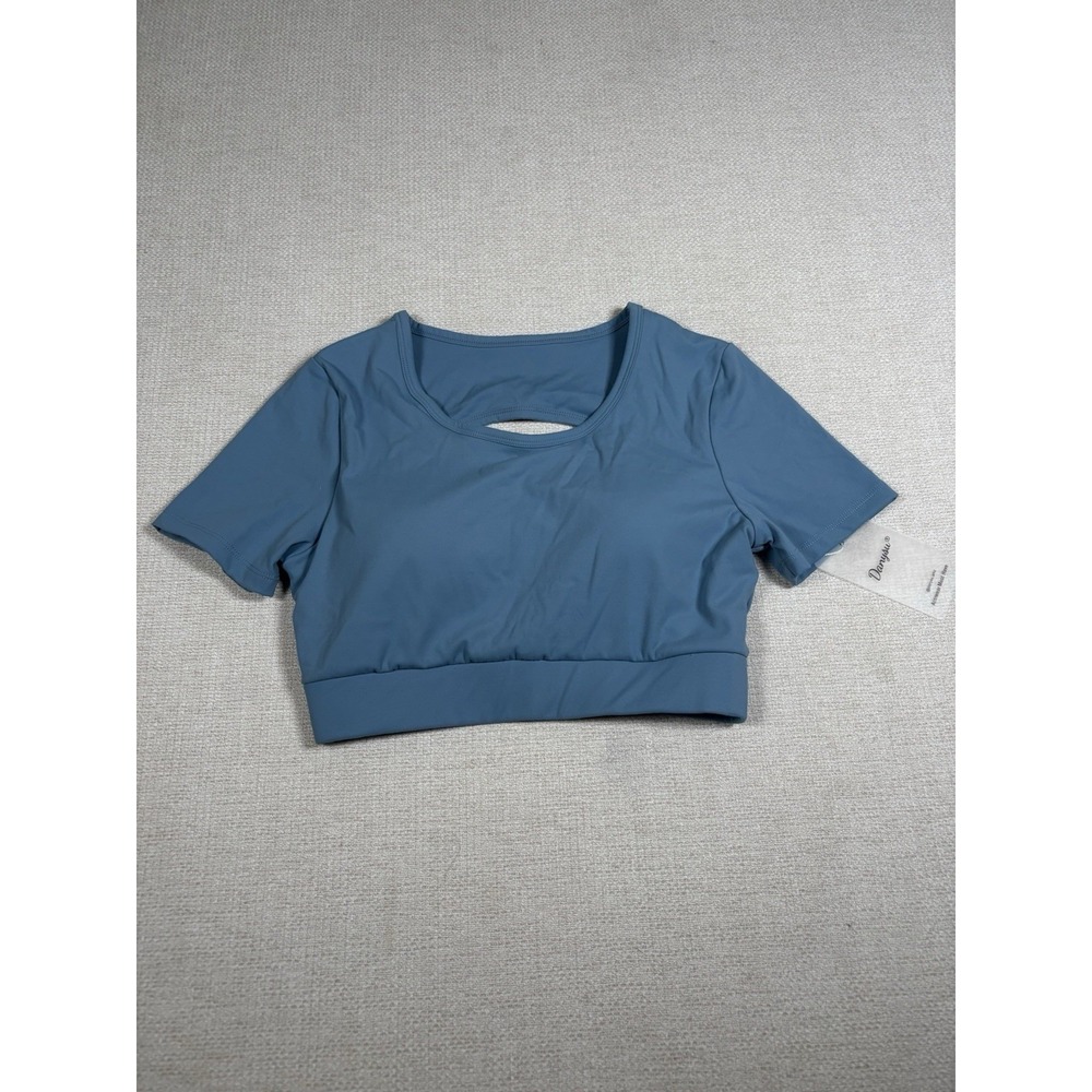 Danysu Short Sleeve Open Back Workout Crop Top Blue Padded Sports Bra Size S NWT